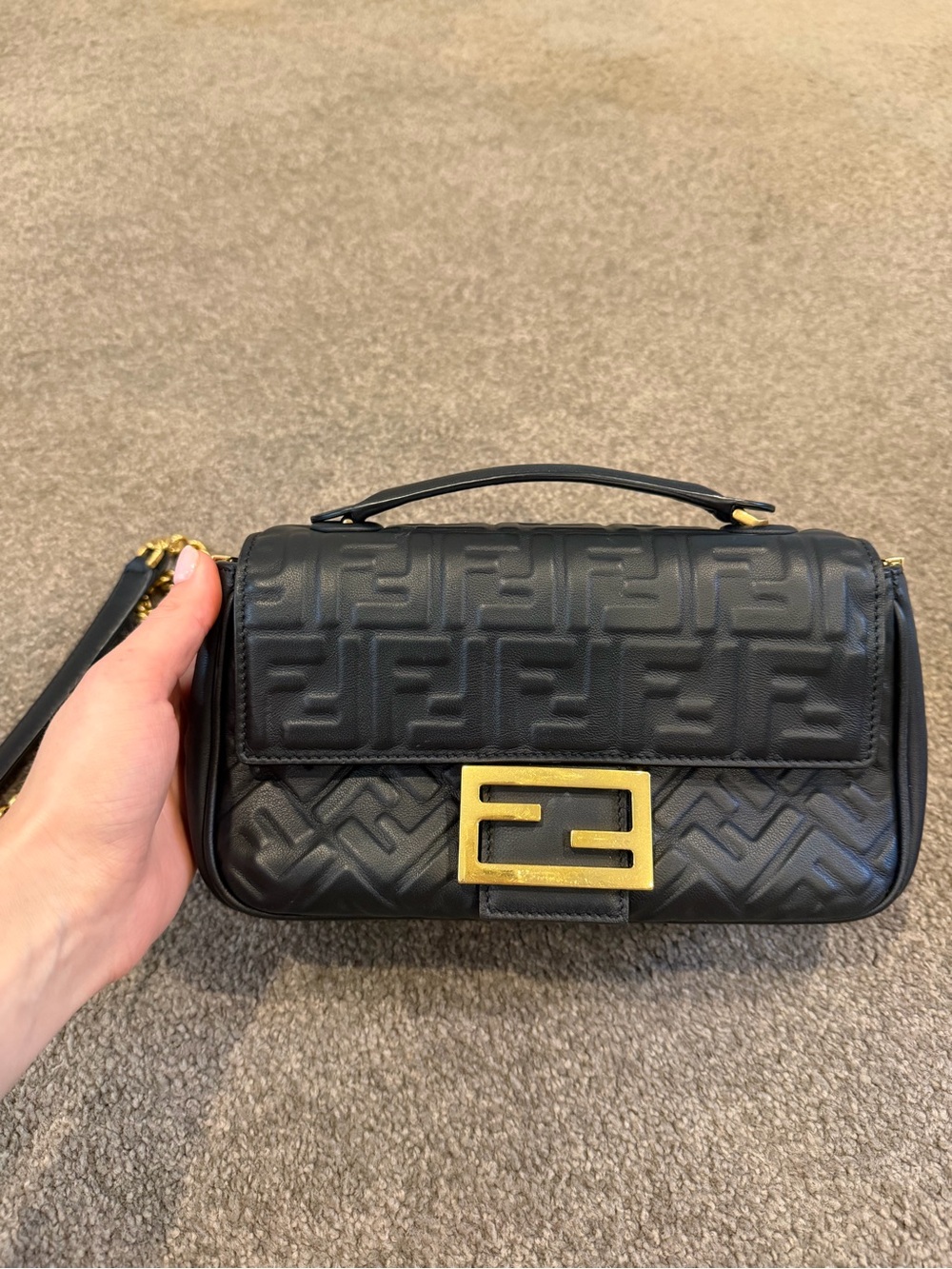 Fendi Embossed Baguette Shoulder Bag in Black